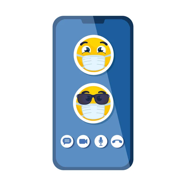 Smartphone dengan emoji memakai masker medis pada latar belakang putih - Stok Vektor