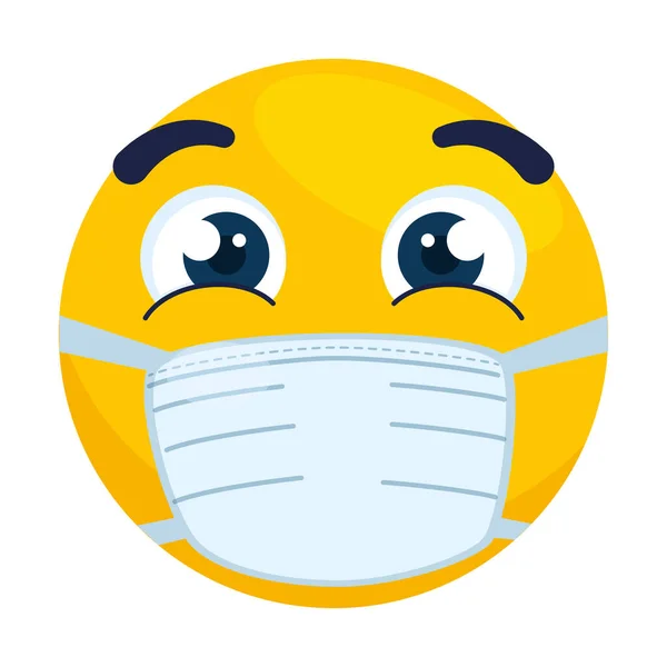 Emoji dengan mata terbuka memakai masker medis, wajah kuning dengan mata terbuka memakai ikon masker bedah putih - Stok Vektor