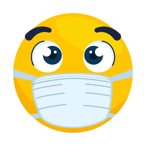 Emoji avec les yeux ouverts portant le masque médical, visage jaune avec les yeux ouverts portant l'icône blanche de masque chirurgical — Image vectorielle