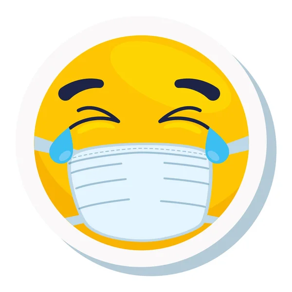 Emoji chorando usando máscara médica, rosto amarelo chorando usando ícone de máscara cirúrgica branca — Vetor de Stock
