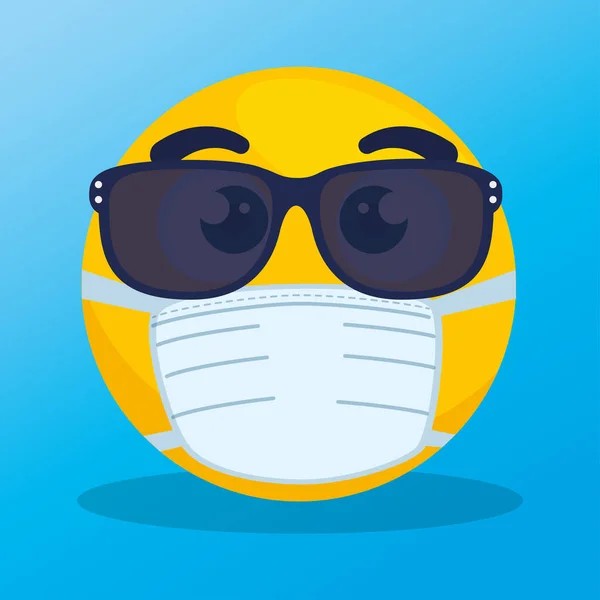 Emoji com óculos de sol usando máscara médica, rosto amarelo com óculos de sol usando máscara cirúrgica branca —  Vetores de Stock