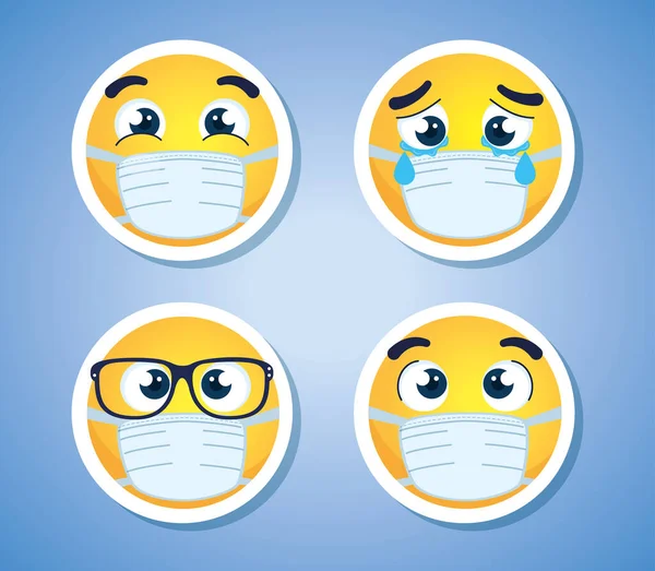Set emojis wearing medical mask, faces emojis wearing surgical mask icons — Stock Vector