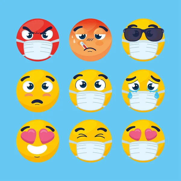 Set emoji indossano maschera medica, volti emoji indossano icone maschera chirurgica — Vettoriale Stock
