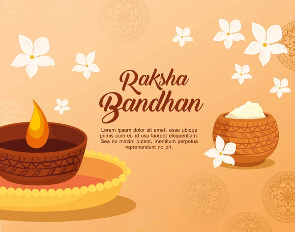 Ευχετήρια κάρτα με διακοσμητικό κερί φως και ιερή σκόνη για raksha bandhan, ινδική γιορτή για τον αδελφό και την αδελφή συγκόλληση γιορτή — Διανυσματικό Αρχείο