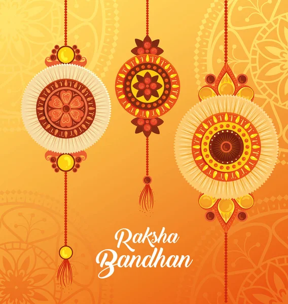 Tarjeta de felicitación con juego decorativo de rakhi colgando para el bandhan raksha, festival indio para la celebración del vínculo hermano y hermana — Vector de stock