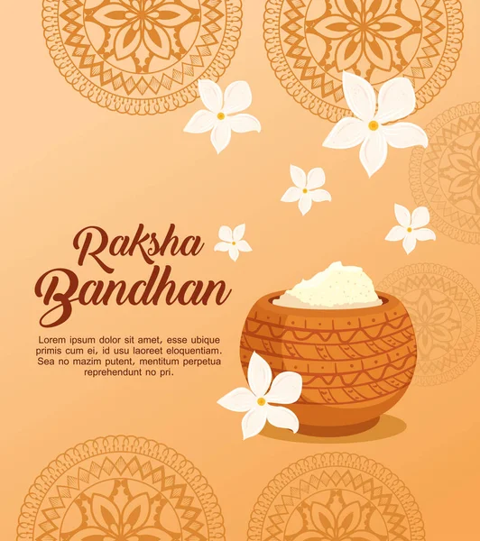 Tarjeta de felicitación con polvo sagrado decorativo para raksha bandhan, festival indio para la celebración de lazos entre hermanos y hermanas — Vector de stock