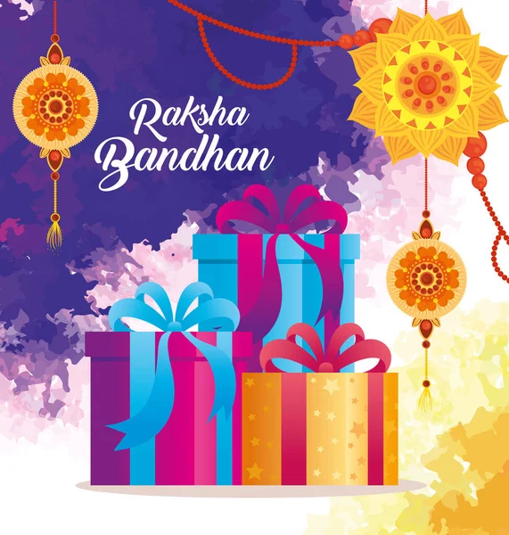 Ευχετήρια κάρτα με διακοσμητικό σύνολο rakhi και κουτιά δώρων για raksha bandhan, ινδική γιορτή για τον αδελφό και την αδελφή συγκόλληση γιορτή — Διανυσματικό Αρχείο