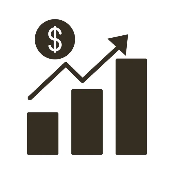 Statistiky pruhy a mince dolar silueta styl ikona — Stockový vektor