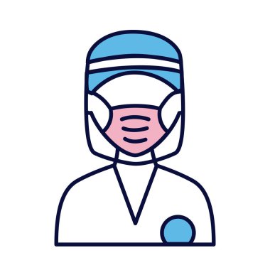 Erkek tıbbi maske takıyor ve yüz kalkanı çizgisinde ve biçim simgesi dolduruyor