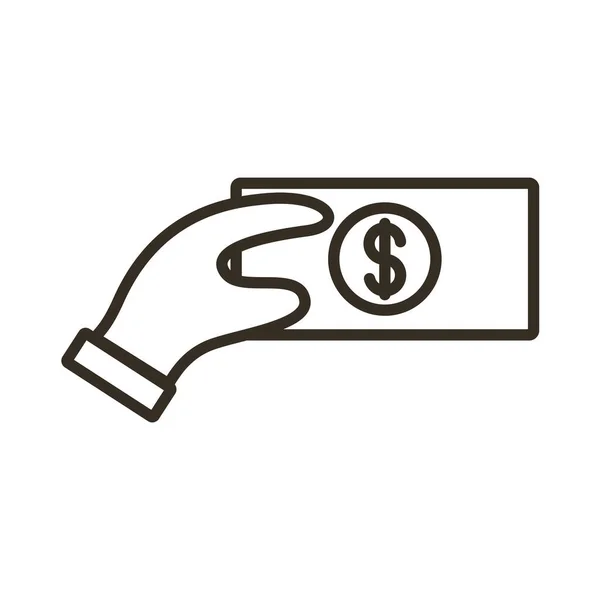 Hand met bill dollar lijn stijl pictogram — Stockvector