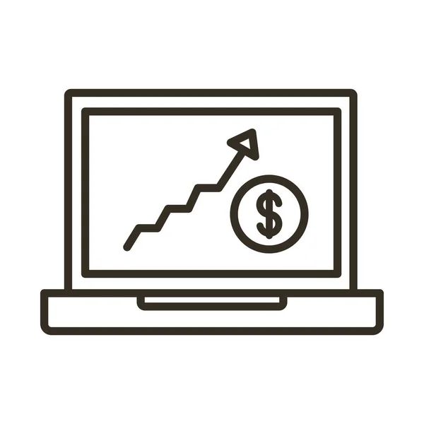 Laptop de computador com ícone de estilo de linha de moeda e estatística —  Vetores de Stock