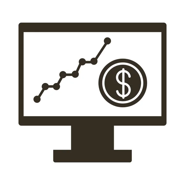 Ordenador de escritorio con moneda y estadísticas icono de estilo de silueta — Vector de stock