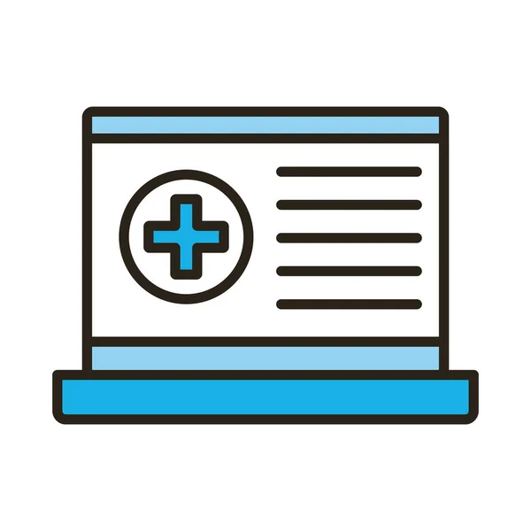 Símbolo de cruz médica en la línea del ordenador portátil y estilo de relleno — Vector de stock