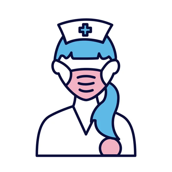 Enfermera femenina con línea de máscara médica e icono de estilo de relleno — Vector de stock