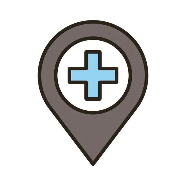 Medical cross symbol in pin location line and fill style — Stock Vector