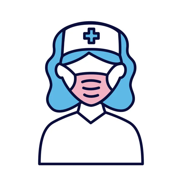 Enfermera femenina con línea de máscara médica e icono de estilo de relleno — Vector de stock