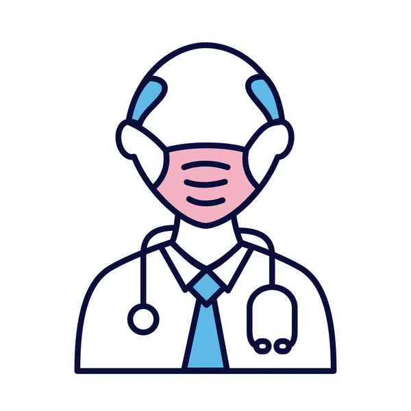 Mężczyzna lekarz noszenie maski medycznej z linii stetoskop i wypełnić ikonę stylu — Wektor stockowy