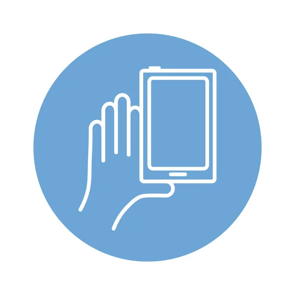 Hand met behulp van smartphone apparaat blok stijl pictogram — Stockvector