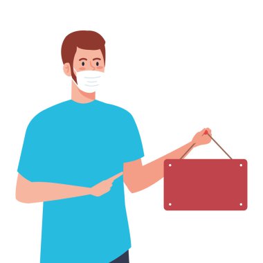 Korumacı tıbbi maske takan adam, asılma işareti olan 19 numaraya karşı.