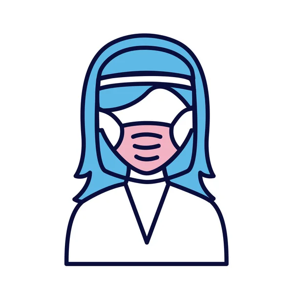 Mujer que usa máscara médica y la línea de escudo facial y el icono de estilo de relleno — Vector de stock