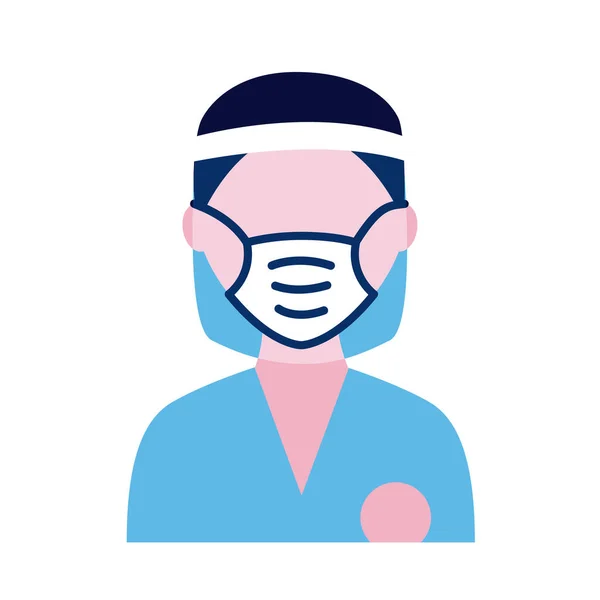 Hombre con máscara médica y escudo facial icono de estilo plano — Vector de stock