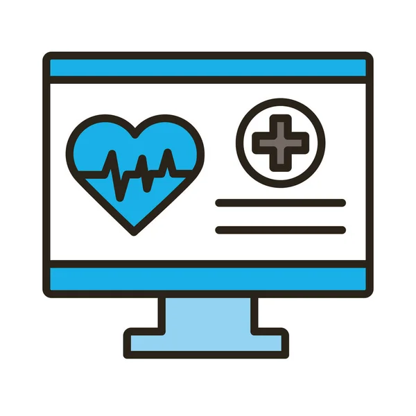 Desktop met medische hart cardiologie hartslaglijn en vul stijl pictogram — Stockvector