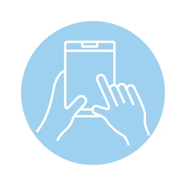 Ruce pomocí ikony stylu bloku zařízení smartphone — Stockový vektor
