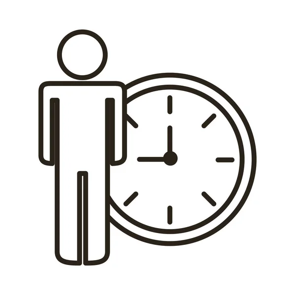 Hombres de negocios pareja figuras con reloj de tiempo línea icono de estilo — Vector de stock