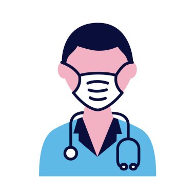 Steteskop düz stil ikonlu tıbbi maske takan erkek doktor.