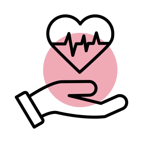 Hand with medical heart cardiology pulse line style icon — Stock Vector