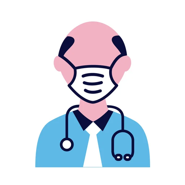 Steteskop düz stil ikonlu tıbbi maske takan erkek doktor. — Stok Vektör