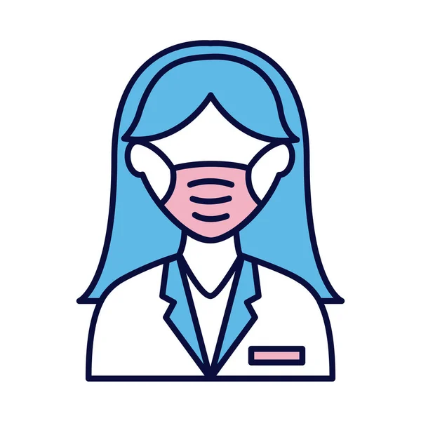 Mujer con línea de máscara médica e icono de estilo de relleno — Vector de stock