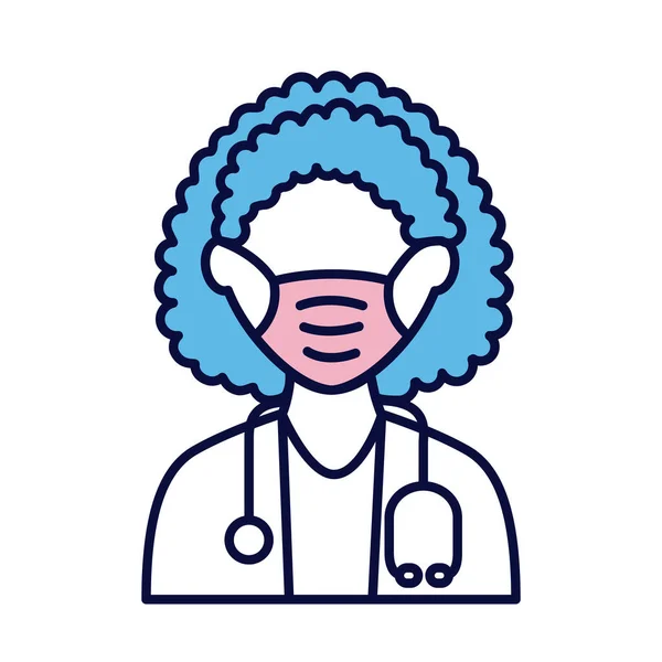 Médico femenino con máscara médica con línea de estetoscopio e icono de estilo de relleno — Vector de stock