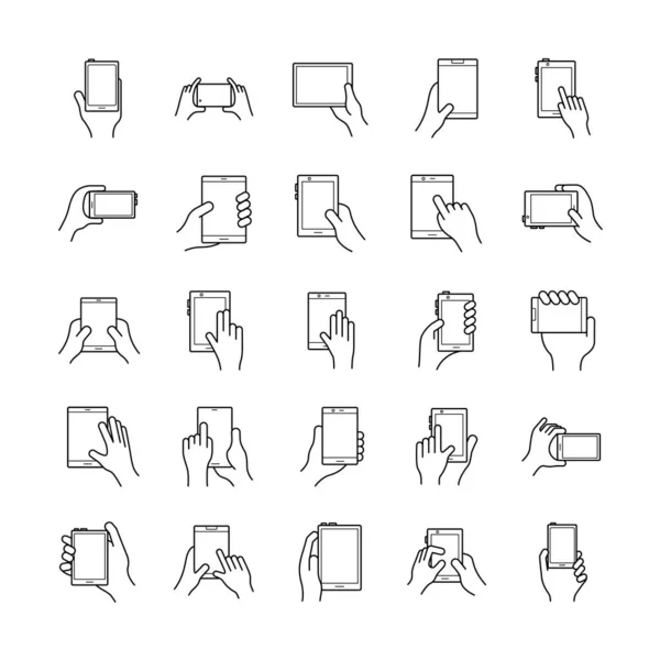 Bündel von Händen und Smartphones setzen Symbole — Stockvektor