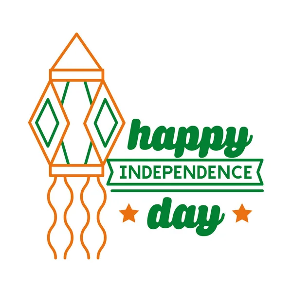 提灯掛けラインスタイルのアイコンと独立した日インドのお祝い — ストックベクタ