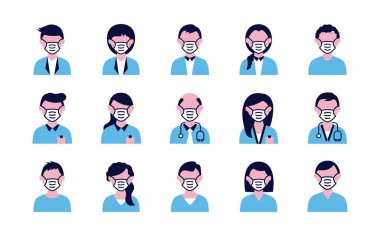 Bir grup insan ve doktor tıbbi maske takıyor.