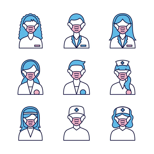 Groupe de personnes et de médecins portant des masques médicaux — Image vectorielle