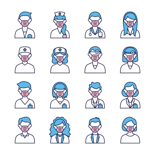 Ομάδα ατόμων και ιατρών που φορούν ιατρικές μάσκες — Διανυσματικό Αρχείο