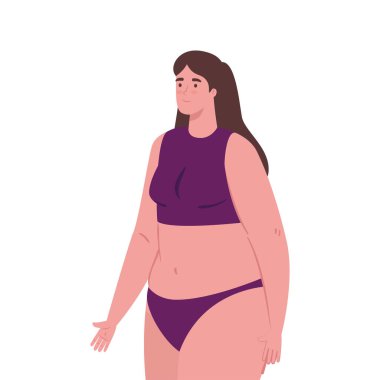 Beyaz arka planda, mayolu, mor renkli, tombul bir kadın.