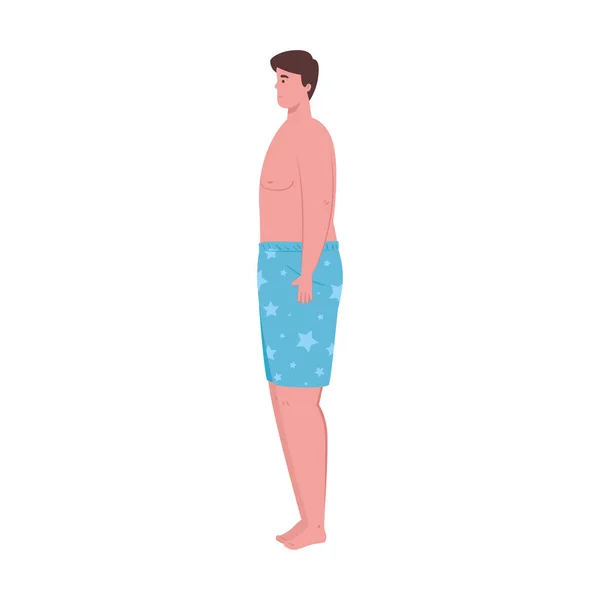 Hombre en pantalones cortos de color azul, chico feliz en traje de baño sobre fondo blanco — Archivo Imágenes Vectoriales