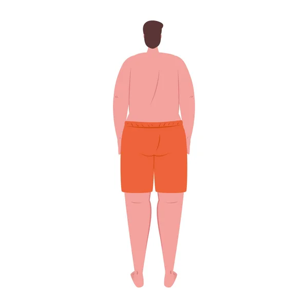 Hombre de espalda en pantalones cortos de color naranja, chico feliz en traje de baño sobre fondo blanco — Vector de stock