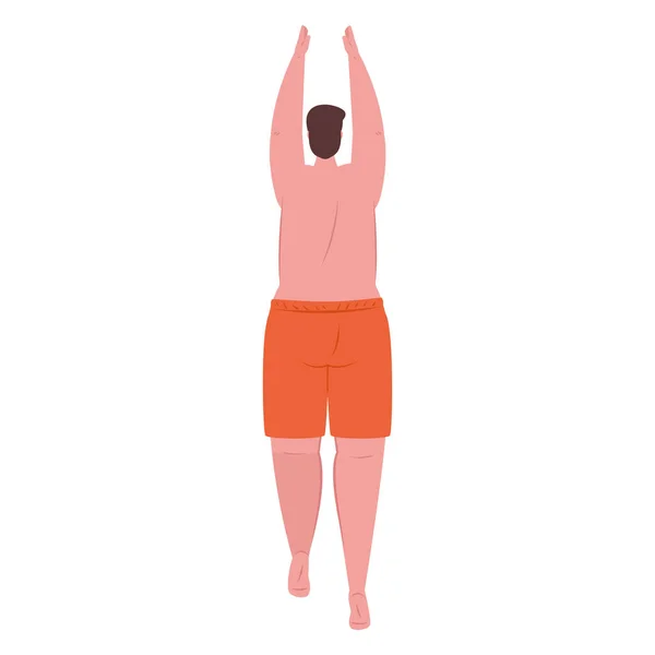 Hombre de espalda en pantalones cortos de color naranja, chico feliz en traje de baño sobre fondo blanco — Vector de stock