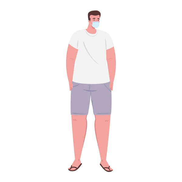 Homme portant des vêtements pendant la saison des vacances d'été portant un masque médical contre le covide 19 — Image vectorielle