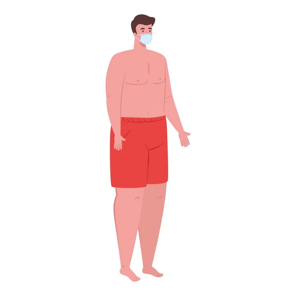 Homme en short de couleur rouge, portant un masque médical, covid 19 vacances d'été — Image vectorielle