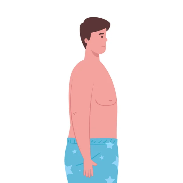 Férfi rövidnadrágban kék színű, boldog fickó fürdőruhában fehér háttér — Stock Vector