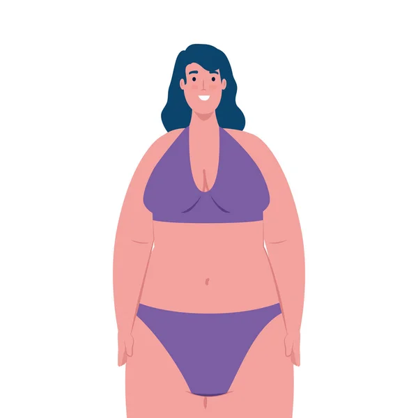 Cute plump woman in swimsuit purple color on white background — Stock Vector