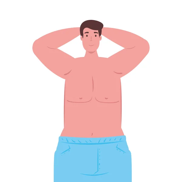 Hombre en pantalones cortos de color azul, chico feliz en traje de baño sobre fondo blanco — Vector de stock