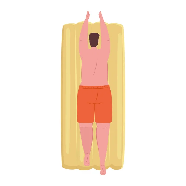 Homem de volta em shorts cor laranja em deitar-se no flutuador inflável no fundo branco — Vetor de Stock