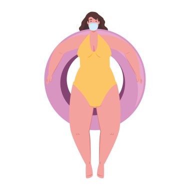 Güzel, tombul, mayolu, sarı renkli, sağlık maskesi takan, cankurtaran şamandırası takan 19 yaz tatilinde.