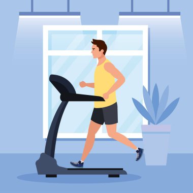 Spor, evdeki koşu bandında koşan adam, spor salonundaki elektrikli eğitim makinesinde çalışan sporcu.